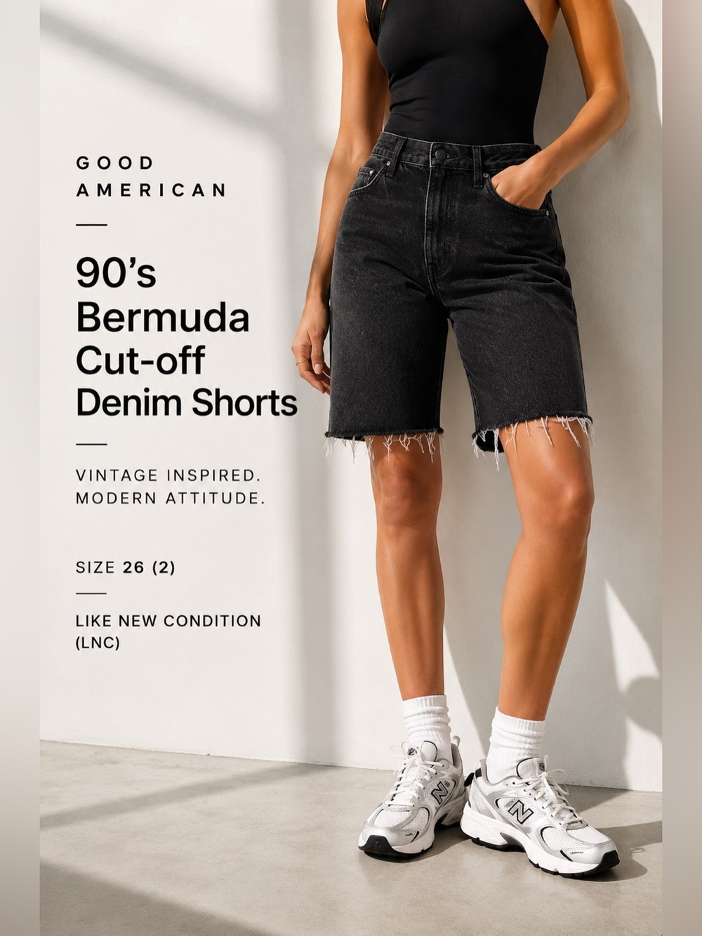 Good American 90’s Bermuda Cutoff Denim Shorts Black Size 26